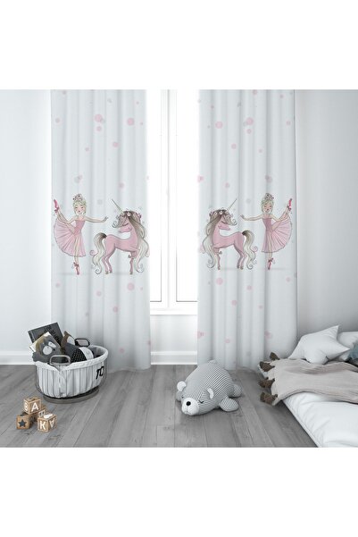 CİCİ ODAM 1 Kanat Çocuk Odası Perdesi Fon Perde Unicornlu Balerin Kız