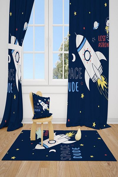 CİCİ ODAM 2 Wings Spacecraft Astronaut Star Children's Room Curtain Background Curtain
