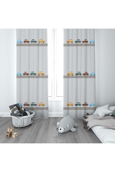 CİCİ ODAM 1 Wing Children's Room Curtain Background Curtain Board Cars and Driveway