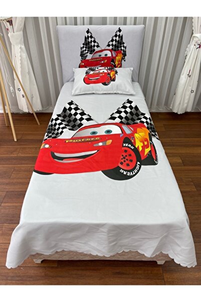 CİCİ EKO Şimşek McQueen Yatak Örtüsü HEDİYE Yastık Kılıfı Arabalı İnce Dekoratif Petek Kumaş