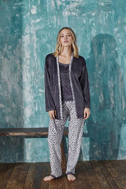 pijamakeyfi Kadın 3'lü Kadife Sabahlıklı Takım