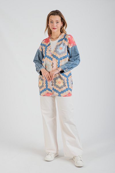 Hatun Atila Cardigan lung tricotat cu model HatunAtila cu mâneci din denim - 1180-21