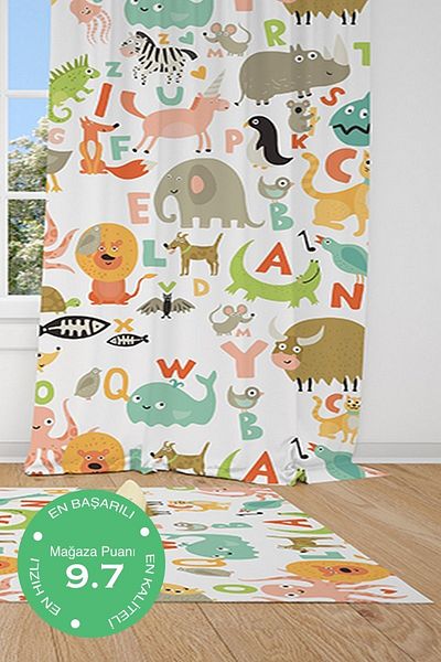 CİCİ ODAM 1 Wing Animal Kingdom Letters Children Baby Room Curtain Background Curtain