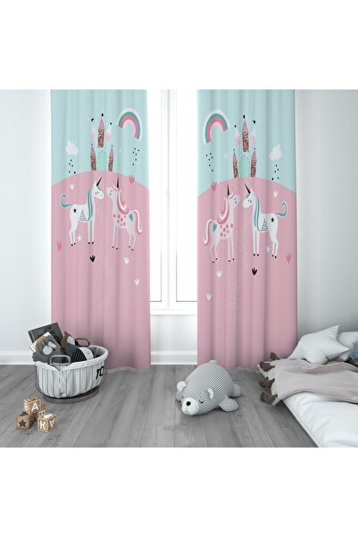 CİCİ ODAM 1 Kanat Çocuk Odası Perdesi Fon Perde Unicornlu Atlar Şato Gökkuşağı