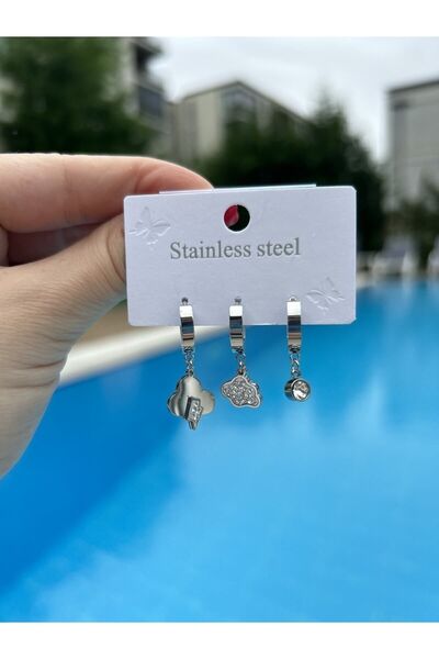 BUJİTERİM مجموعة من 3 أقراط سحابية من الفولاذ المقاوم للتشويه باللون الفضي