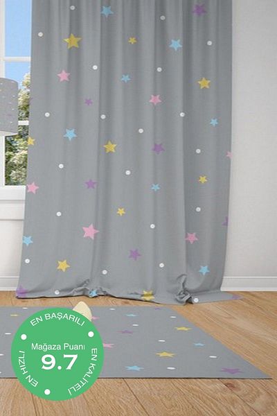 CİCİ ODAM 1 Wing Gray Background Colorful Stars Children Baby Room Curtain Background Curtain