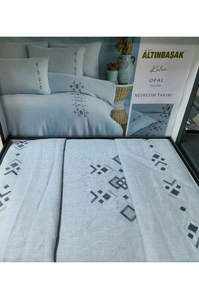 Altınbaşak Set cuvertură de pilota dublă brodată din marmură opală - personalizat