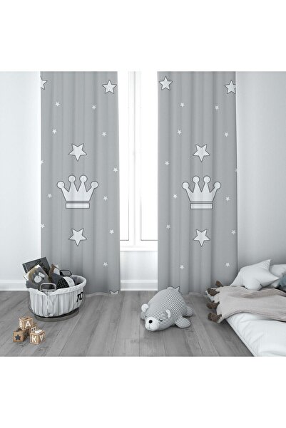 CİCİ ODAM 1 Kanat Çocuk Odası Perdesi Fon Perde Kral Tacı ve Yıldızlı