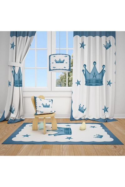 CİCİ ODAM 2 Wings Blue Star King Crown Children Baby Room Curtain Background Curtain