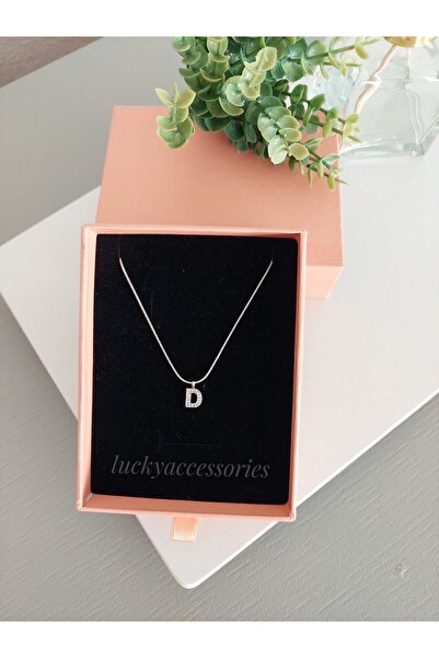 LUCKY ACCESSORIES Çelik Silver Rodyum Kaplama Zirkon Harf D Harfi