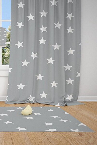 CİCİ ODAM 1 Kanat Gri Zemin Beyaz Yıldızlar Çocuk Bebek Odası Perdesi Fon Perde