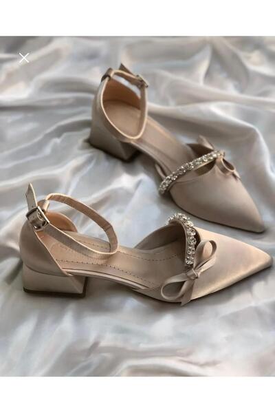 ALNASER MODA TAŞLI FİYONKLU TOPUKLU SATEN AYAKKABI