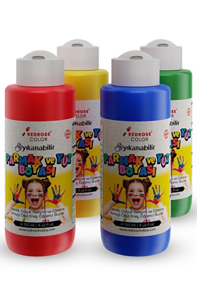 Red Rose Ana Renkler Parmak Boyası 4'lü Set 4x120ml Yıkanabilir, Toksik İçerm...