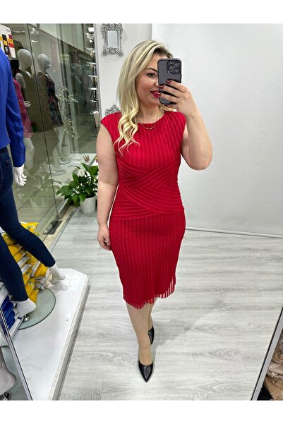 SBUTİK Kırmızı Bel Detaylı Özel Tül Kumaş Elbise