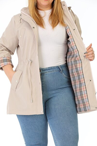 TUTveAL Collection Women's Water Resistant Plus Size Trench Coat Hooded Plaid Cream Trench Coat Bonded Fabric Trench Coat