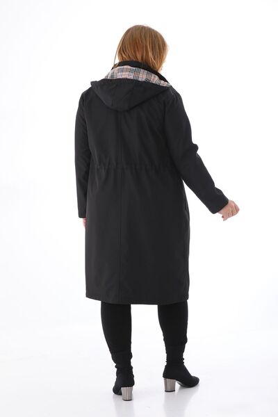 TUTveAL Collection Kadın Suya Dayanıklı Büyük Beden Trençkot Uzun Kapüşonlu Trençkot Bonded Kumaş İçi Ekoseli Trençkot