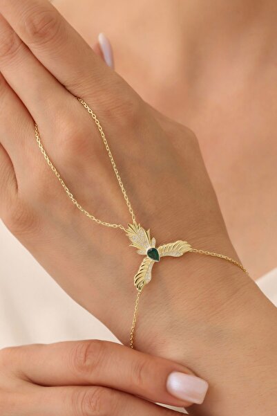 emy by emel luxury silver jewelry Altın Kaplama Yeşil Taşlı Anka Kuşu Şahmera...
