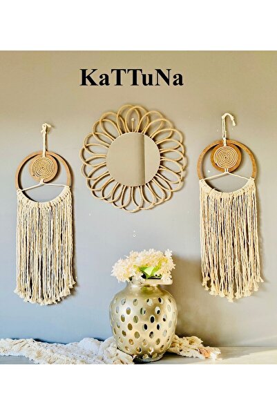 kattuna Bohem Papatya Ayna ve Makrome Duvar Dekorasyon Ürünü 3’lü Set