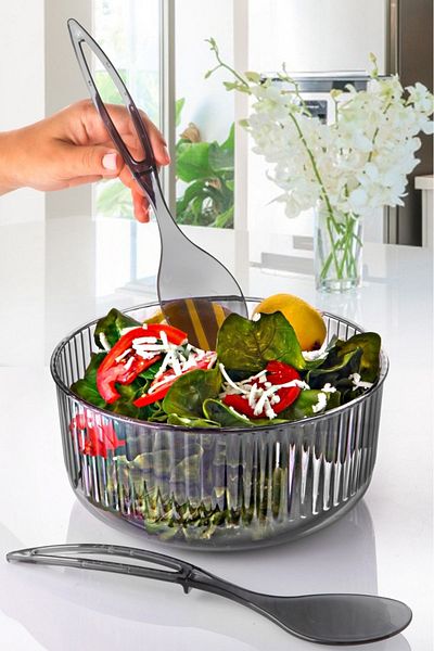 CENOA Acrylic Advantageous Large Size Salad Bowl Set - Serving Fork & Spoon Anthracite