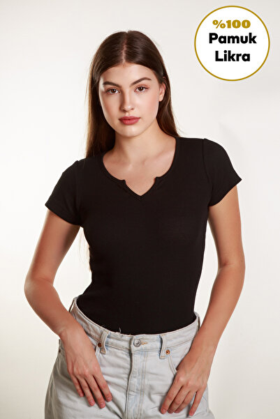 MİSS M.A.T FASHİON Дамска тениска с V-образно деколте, оребрена от ликра, блуза