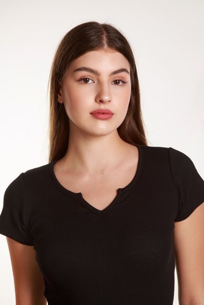 MİSS M.A.T FASHİON Women's Basic Ribbed Lycra V Neck Sleeve Tshirt Tank Top Blouse