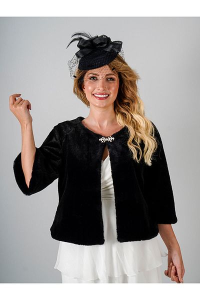 Sed da Exclusive French Long Sleeve Fur With Brooch Black Etol Bolero Shawl, Bridal Fur, Wedding Jacket