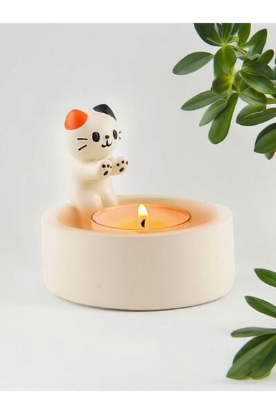 HediyeKombini Şirin kedi mumluk ateş başında ısınan üşüyen kedi mumluk dekor ...