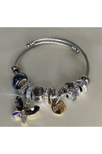 ARYA DESİGN Steel Bracelet with Butterfly and Love Charm