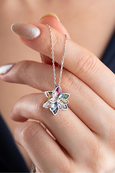 Silvano Jewelry 925 Ayar Gümüş Renkli Lotus Çiçeği Kolye