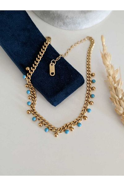 SU PERİSİ TAKI BİJUTERİ Steel Non-Tarnish Blue Detailed Chain Anklet