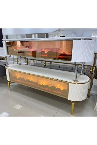 NUR AHŞAP BEYAZ GÜMÜŞ DETAYLI ŞÖMİNELİ BLUETOOTHLU TV ÜNİTESİ 170*42*55