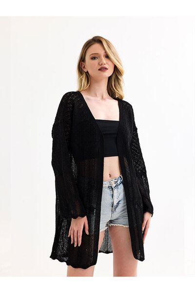 YUGA KNİTTİNG KADIN DELİKLİ AJURLU HIRKA UZUN YAZLIK MEVSİMLİK