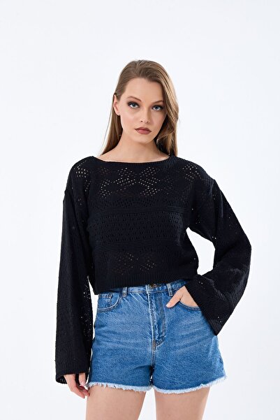 YUGA KNİTTİNG KADIN TRİKO ÖRME AJURLU DELİKLİ KAYIK YAKA KAZAK BOLERO BLUZ