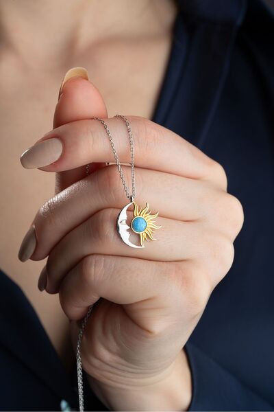 Silvano Jewelry 925 Ayar Gümüş Opal Taşlı Ay ve Güneş Kolye