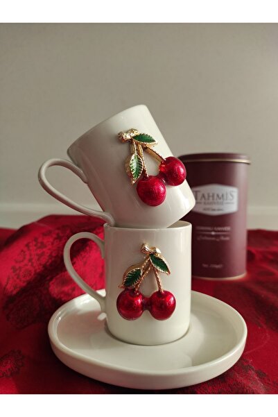 Seçkin's Home PORSELEN FİNCAN TAKIMI 2 KİŞİLİK 4 PARÇA KİRAZ AKSESUARLI