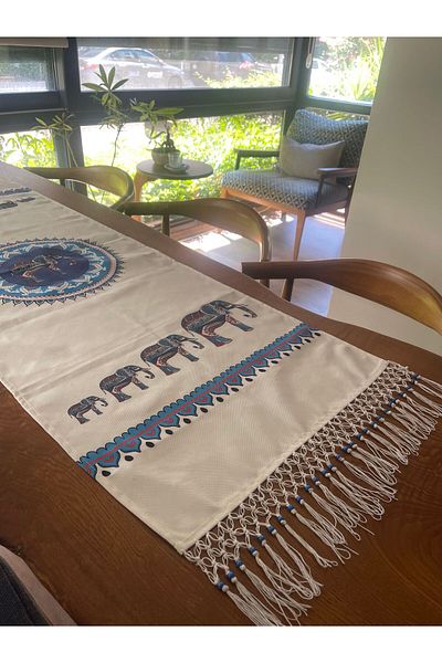 nuggita handmade crafts Τραπεζομάντιλο Runner Ethnic Elephant Figured - 45x135, Χειροποίητο με Λεπτομέρεια άκρης, Μπλε/Λευκό
