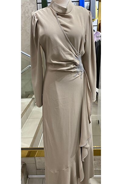 Aframia -Eteği ve Beli Taş Detaylı Krep Tesettür Abiye