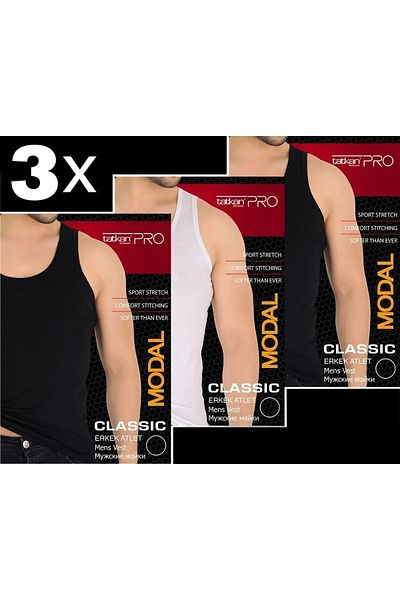 MYS GRUP TEKSTİL Men's Set of 3 Black and White Combed Cotton Modal Classic Undershirt / Tatkan