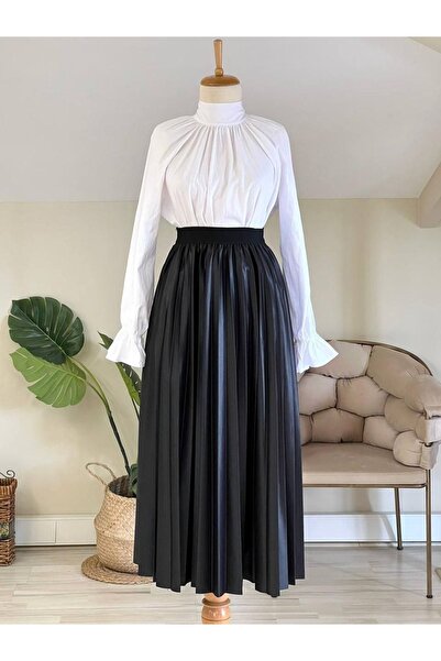 Generic Brand Fashion Women's Black Elastic Waist Leather Look Pleated Skirt