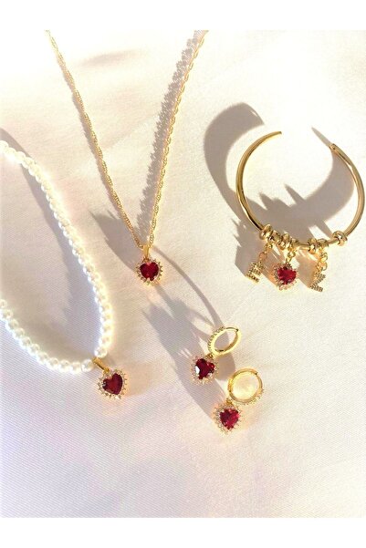 soiestore Beyaz Inci Kırmızı Zirkon Kalpli Altın Kaplama Kolye Küpe Charm Bil...