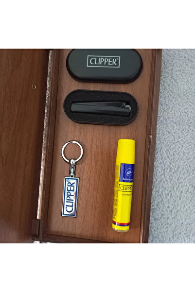 Clipper Çakmak Seti Hediyelik Ahşah Kutulu , 16ml Cep Gazı , Anahtarlık , Çakmak