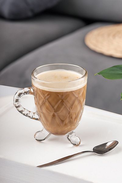 Porsima 15720 Bead Patterned 4-Piece Glass Cup with Footed Handle - Tea Coffee Cup with Handle - 200 Cc