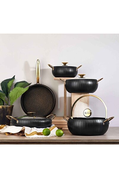 OMS PASLANMAZ 3529 9 Piece Meridian Granite Pan Set 152.3529.black.gold