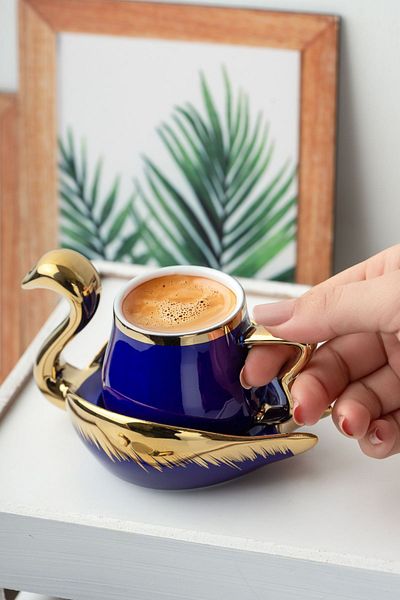 Porsima 2 Person Porcelain Gilded Swan Cup Set-4 Piece Turkish Coffee Cup Set Navy Blue