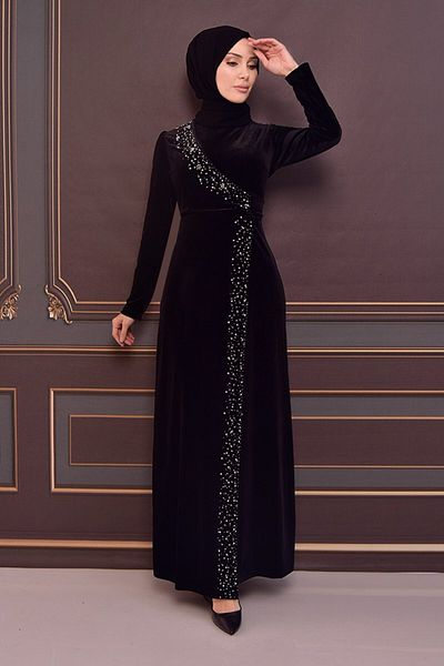 ModaMerve Black Velvet Evening Dress - Asm2407 Model