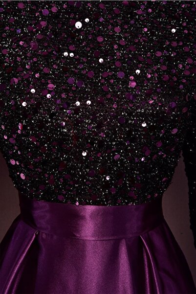 ModaMerve Belted Satin Evening Dress Purple Asm2537