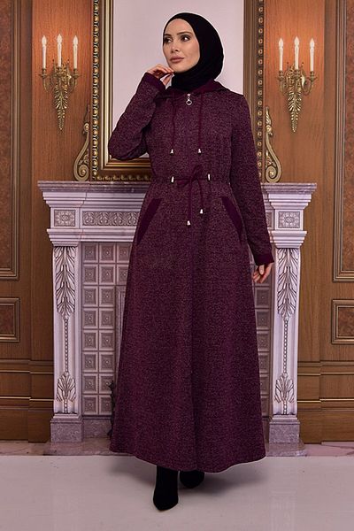 ModaMerve Asm2528 Model Hooded Ferace - Plum