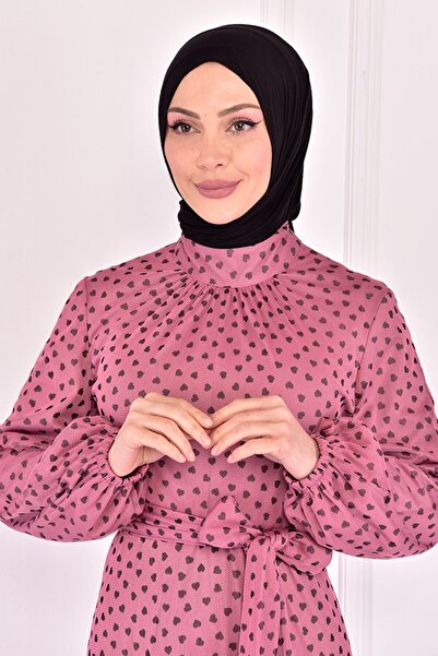 ModaMerve Belted Tulle Dress Dried Rose Asm2444