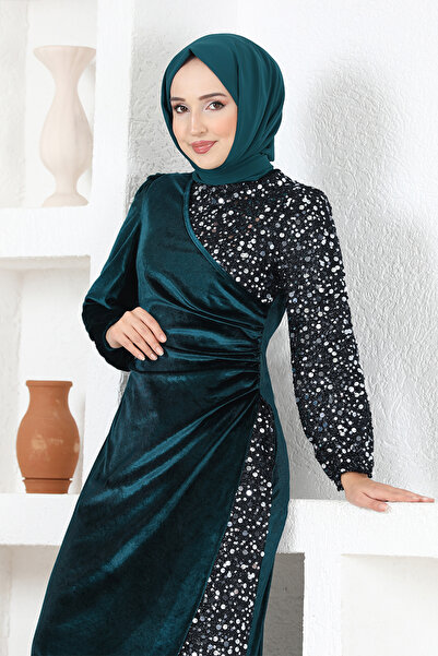 ModaMerve Emerald Sequined Velvet Evening Dress - ASM2638