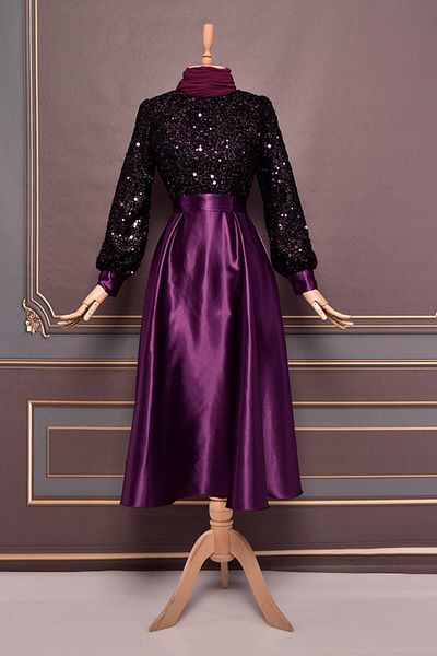 ModaMerve Belted Satin Evening Dress Purple Asm2537